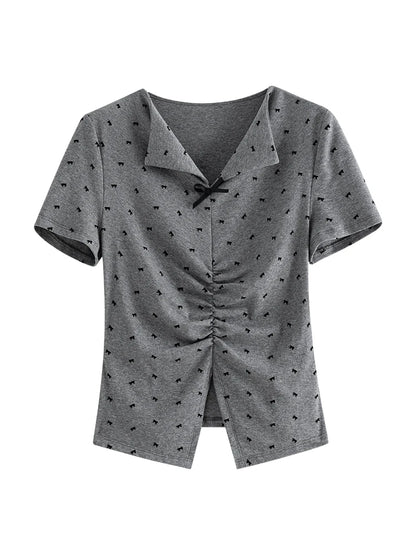 FSLE - Camiseta de manga corta de punto con solapa y lazo de verano para mujer, nuevo diseño 2024, top informal ajustado y versátil de color gris 24FS12529