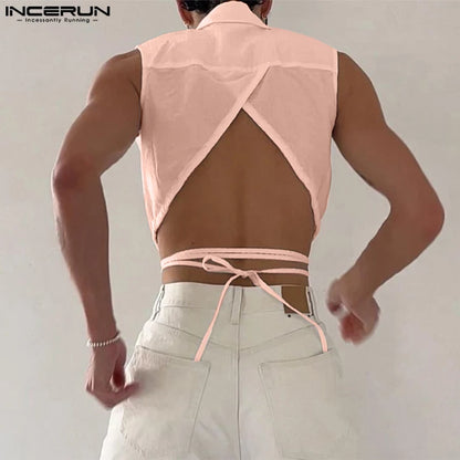 2023 Hommes Chemise Revers Sans Manches Solide Boutonné À Lacets Dos Nu Crop Tops Hommes Streetwear Sexy Mode Camisas S-5XL INCERUN