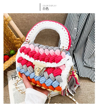 Fashion Colorful Crochet Women Handbags Trend Handmade Woven Chains Shoulder Crossbody Bag Small Flap Female Purses 2024