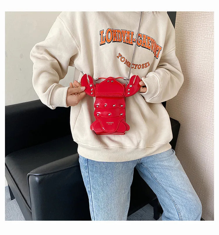 Funny Crayfish Shape Pu Shoulder Bag For Women Summer Red Phone Bag Girls' Chain Small Crossbody Bag