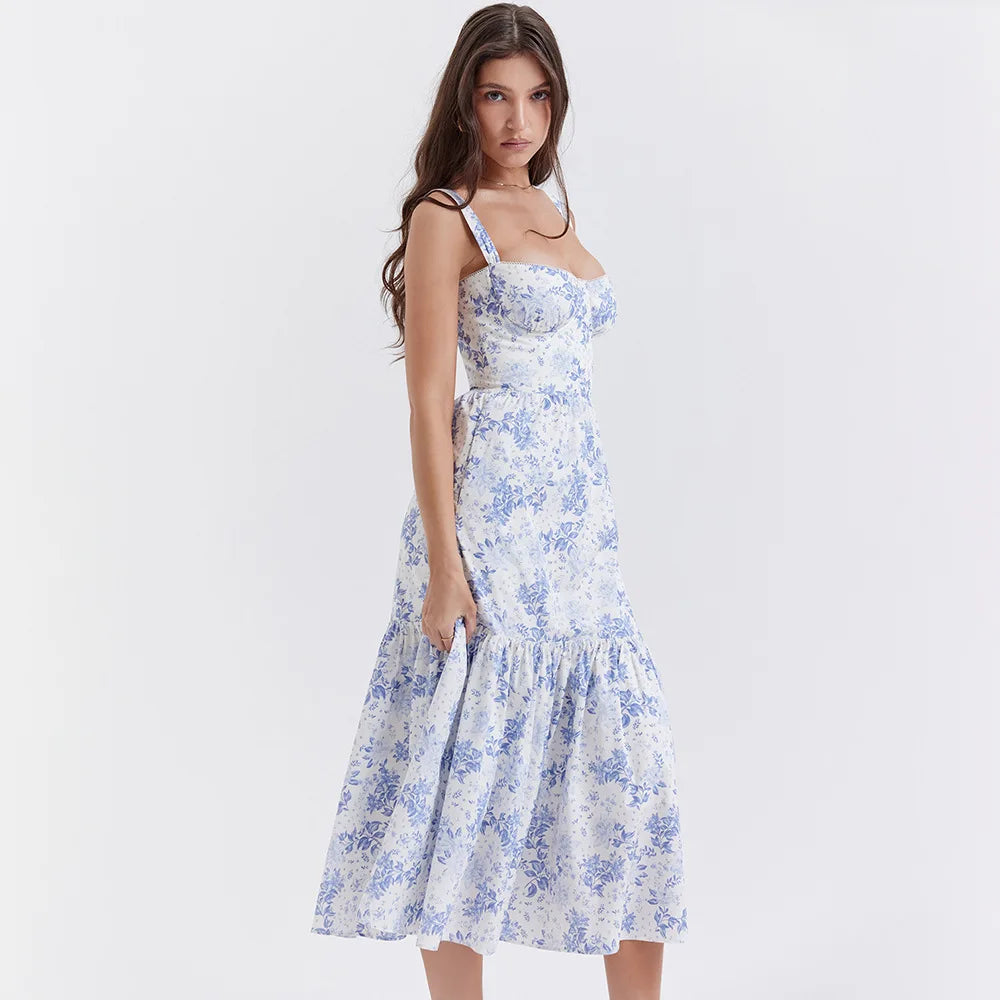 Suninheart Blue Midi Floral Print Women's Summer Dress Elegant Long Casual Holiday Party Dress Streetwear New In Dresses 2023