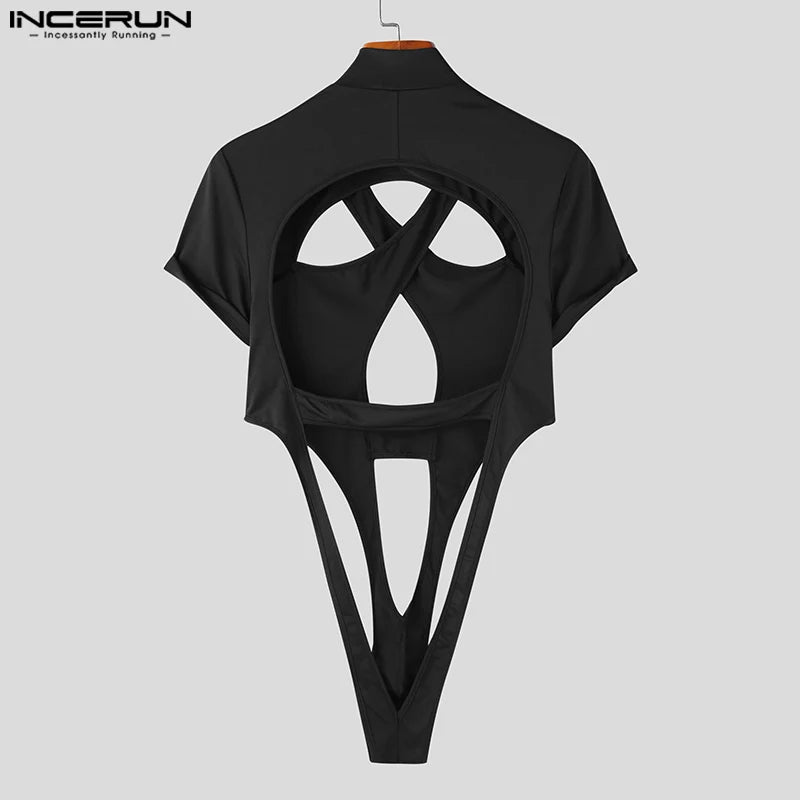 Fashion Men's Homewear Jumpsuits INCERUN 2024 Symmetric Hollow Design Short Sleeve Half High Neck Solid Triangle Bodysuits S-5XL