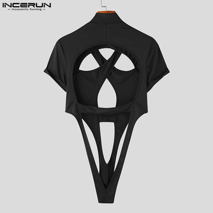 Fashion Men's Homewear Jumpsuits INCERUN 2024 Symmetric Hollow Design Short Sleeve Half High Neck Solid Triangle Bodysuits S-5XL