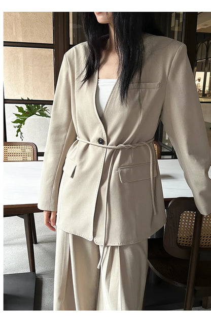 DEAT Fashion Women's V-neck Loose Single Button Lace Up Waist Long Sleeve Simple Back Slit Suit Jackets Spring 2024 New 7AB507H