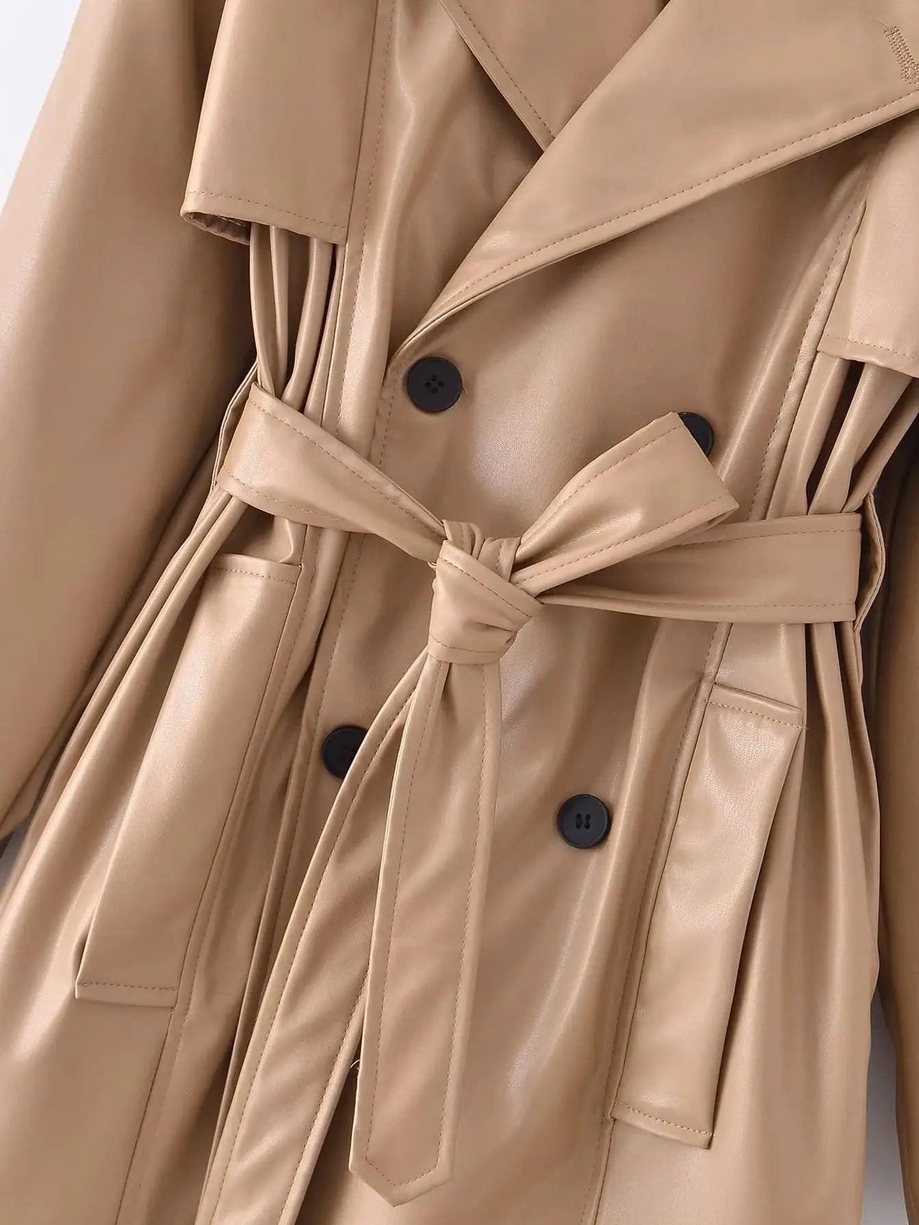 Suninheart Femmes Mode avec Ceinture Faux Cuir Trench Coat 2023 Été Vintage Manches Longues Poches Avant Femme Vêtements D'extérieur Chic