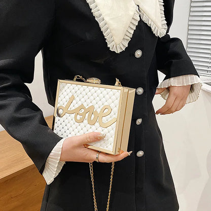 Fashion Handbag Sequine Love Letter Decoration Box Shape Shoulder Bag Female Square Metal Frame Evening Diamond Lock Chain Bags