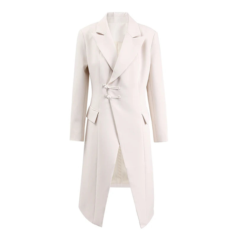 DEAT Fashion Women's Long Blazer Notched Collar Single Row Buckle High Waist Long Sleeve Beige Suit Jackets Summer 2024 New