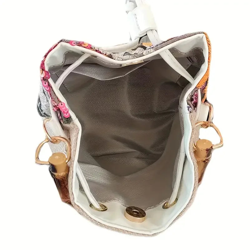 Bolsos de cubo con bordado de lentejuelas de moda, bolsos de mano con asa Baboom para mujer, bolsos cruzados de paja con flores, bolsos de playa de verano