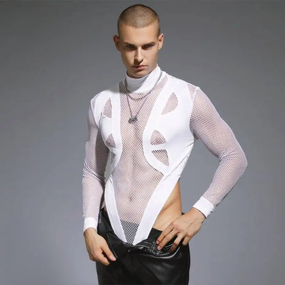 2023 Body pour hommes en maille patchwork sexy col roulé à manches longues t-shirts streetwear transparent mode body pour hommes INCERUN