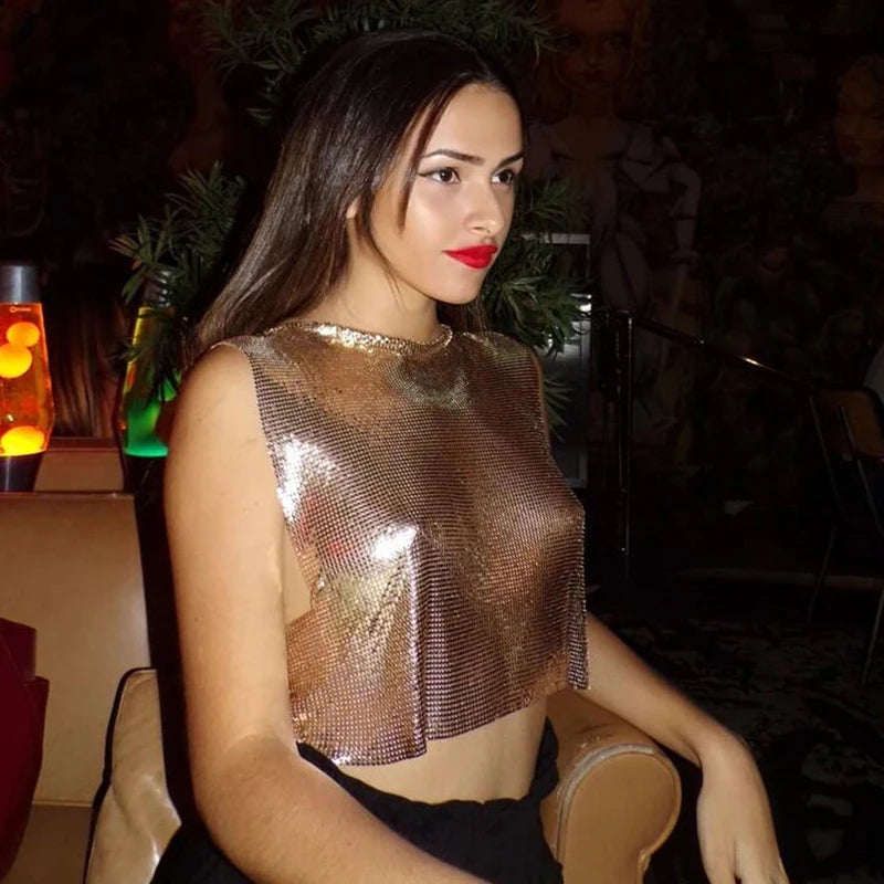 Débardeur court sexy à paillettes Y2K pour femme, haut dos nu, tenue de club, de fête, de festival, de rave