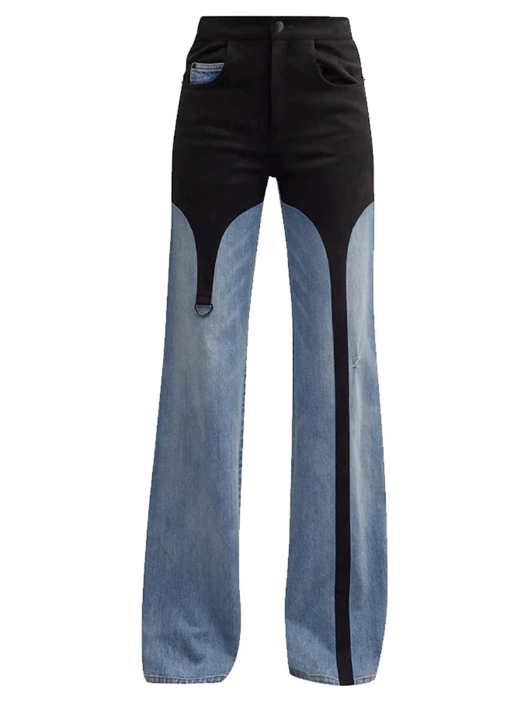 DEAT Fashion Pantalon en jean pour femme taille haute avec coutures contrastées noires et bleues, longueur au sol, jambes larges, automne 2024, nouveau 7AB763