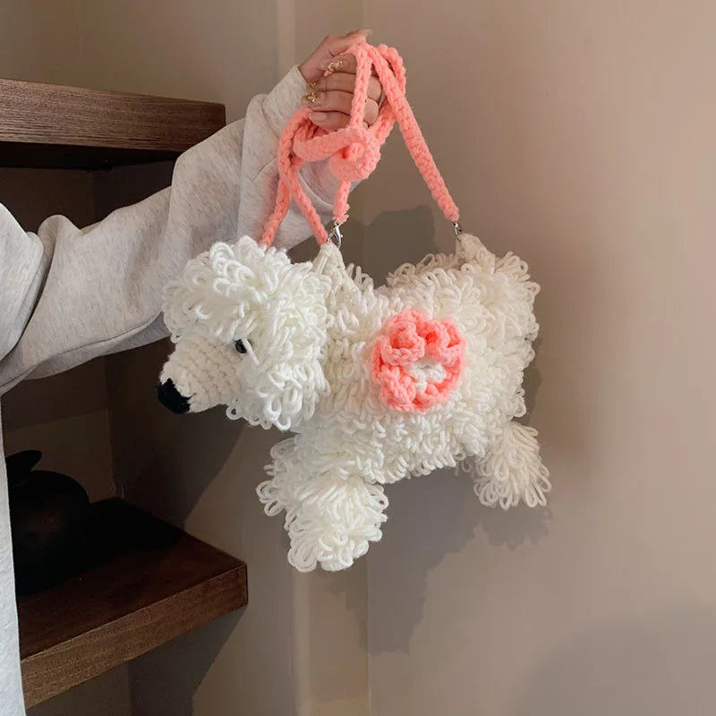 Bolso tejido a mano con forma de perro de dibujos animados para niña, bolso cruzado de lana, bonito bolso de punto, bolso de ganchillo para teléfono móvil