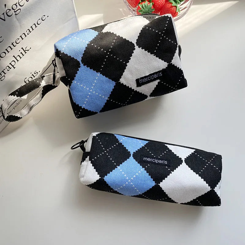 Japanese Style Plaid Cosmetic Bag Women Canvas Handbags Purse Organizer Pencil Bags Lipstick Bag Makeup Bag Women Leopard Bag