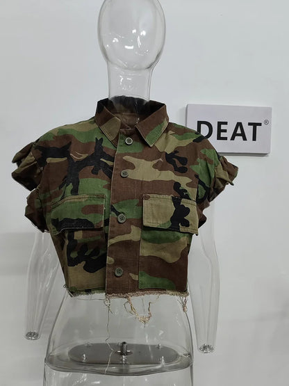 DEAT Fashion Women Jacket Turn-down Collar Butterfly Sleeve Single Breasted Camouflage Print Short Coat Spring 2024 New 17A7035