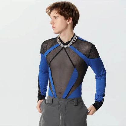 2024 Hommes Body Maille Patchwork Col Roulé À Manches Longues Mode Hommes Barboteuses Streetwear Brillant Sexy Transparent Bodys INCERUN