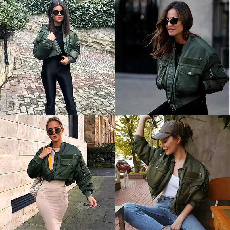 Suninheart Stylish Autumn Winter Green Short Jackets Women Oversized Long Sleeve Zipper Bomber Jacket Outwear Women's Coat