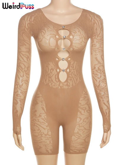 Mono sexy con escote en V profundo para mujer, mono transparente con diamantes huecos, fino, de manga larga, elástico, para fiesta nocturna, club, entrenamiento