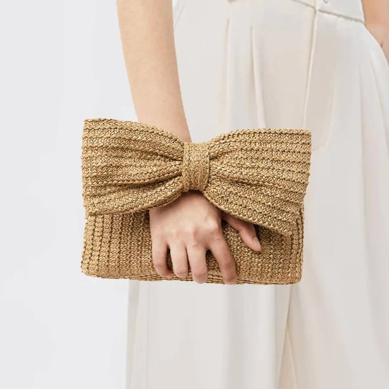 Bolso de mano de paja tejida con lazo de moda para mujer, bonitos bolsos pequeños, bolsos de playa casuales de verano, elegantes minimonederos para vacaciones 2024