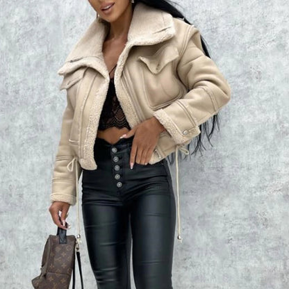 Suninheart Winter Autumn Lambswool Coat Short Warm Faux Leather Motorcycle Jacket Coat Black Women's Blouse 2023