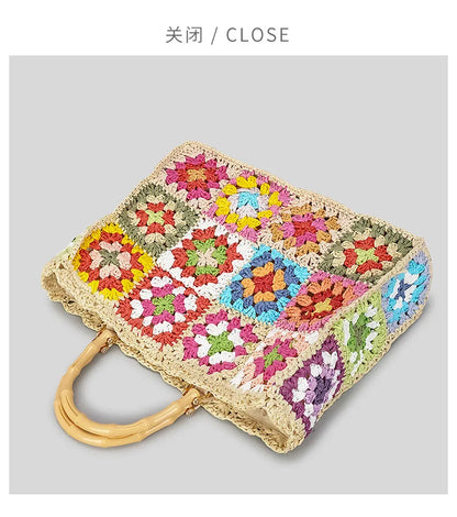 Bolso de mano de paja con forma de granny square bohemio con asa de bambú, bolsos de mujer informales hechos a mano, bolsos de playa de verano, carteras de gran capacidad