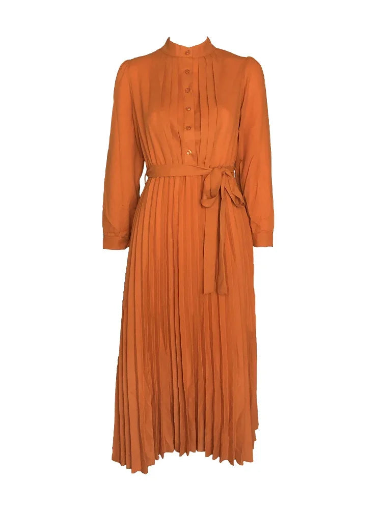 Vestido plisado de manga larga de otoño 2022, vestido midi elegante para mujer, vestidos vintage de oficina para mujer con cinturón, cintura alta, alta calidad