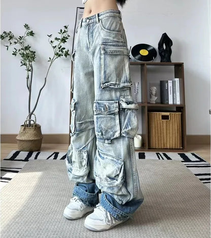 DEAT Fashion Women's Jeans High Waist Multiple Pockets Water Wash Gradient Streetwear Denim Cargo Pants Spring 2024 New 7AB3332