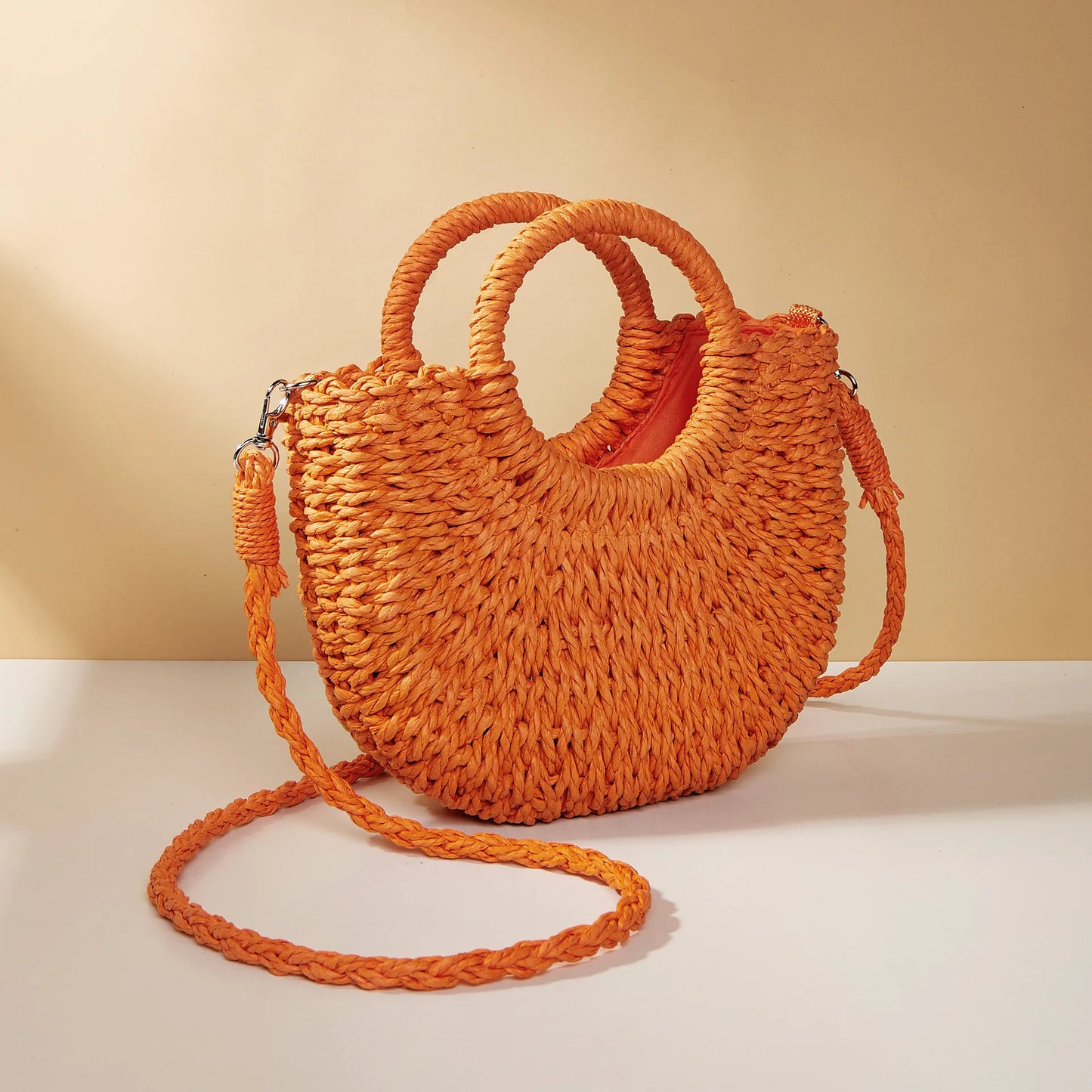 Bolso de paja estilo canasta de color caramelo informal, tejido con cuerda, para mujer, hecho a mano, para playa, para verano, pequeño, para vacaciones, 2024