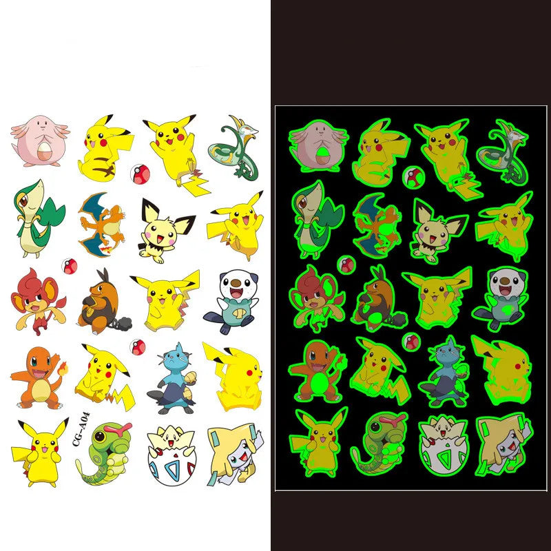 1Pcs/3Pcs/6Pcs Autocollants de tatouage Pokémon Pikachu lumineux non répétitifs Jouets de dessin animé Tatouages ​​temporaires pour enfants Cadeau pour enfants