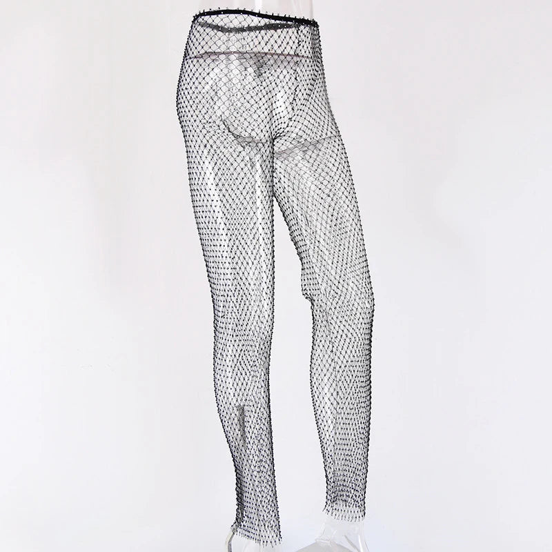 Pantalones de malla de diamantes de cristal para mujer, pantalones de rejilla largos holgados con joyas transparentes y ahuecados de verano sexys, pantalones de playa nuevos de 2024