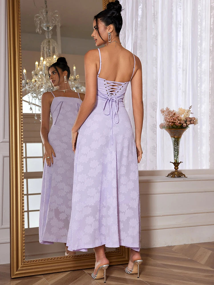 Dropshipping Nuevo vestido largo elegante de verano 2024, recién llegado, vestido morado con tirantes finos para invitados de boda, vestidos de fiesta con cordones