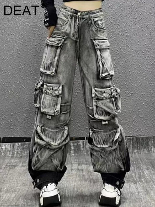 DEAT Fashion Women's Jeans High Waist Multiple Pockets Water Wash Gradient Streetwear Denim Cargo Pants Spring 2024 New 7AB3332