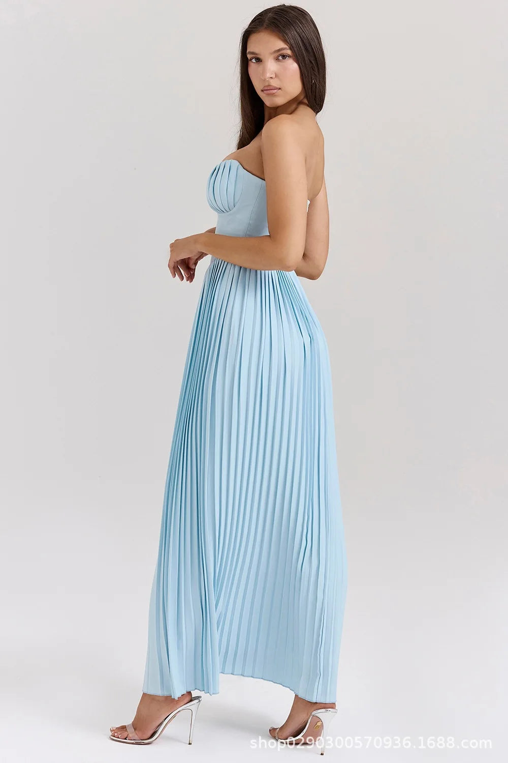 Suninheart Summer Sexy Strapless Dresses Women 2024 New Arrivals Blue Elegant Pleated Dress Maxi Bustier Birthday Party Dresses