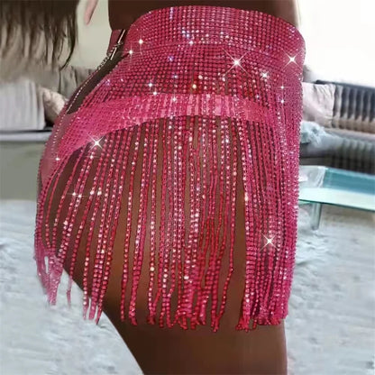 Minifalda de bikini de playa de verano para mujer, falda larga con borlas y diamantes de imitación brillantes, ropa de playa sexy ajustable