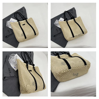 Casual Hollow Out Large Capacity Straw Tote Bag Weave Women Shoulder Bags Handmade Summer Beach Handbags Big Shopper Purses 2024