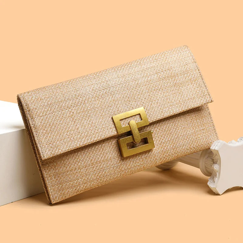 Casual Straw Clutch Bag for Women Chic Metal Lock Lady Handbags Vintage Summer Beach Bag Fashion Party Purses for Female 2024