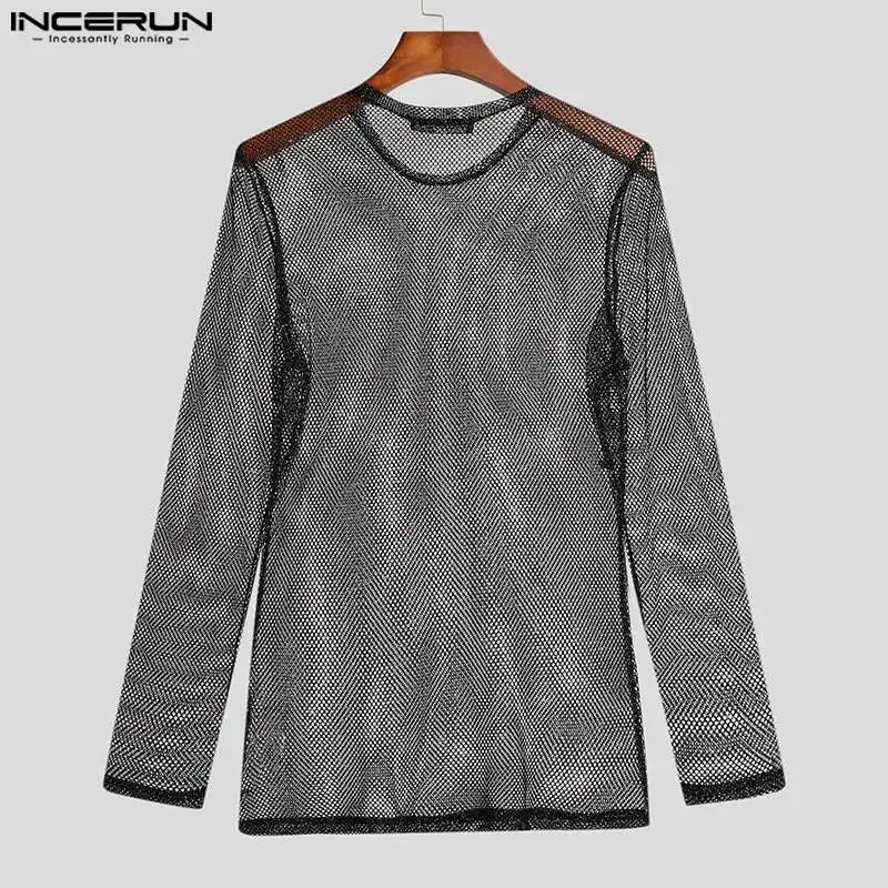 Hauts de style boîte de nuit de fête INCERUN Nouveaux hommes paillettes maille transparente Camiseta Sexy mâle tout-match à manches longues mince T-shirts S-5XL