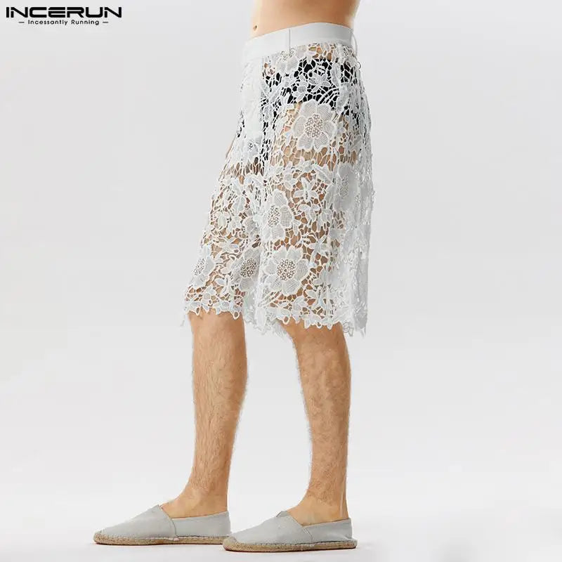 Short élégant et bien ajusté pour homme INCERUN Short en dentelle imprimé ajouré pour soirée décontractée Short en maille transparente sexy S-5XL