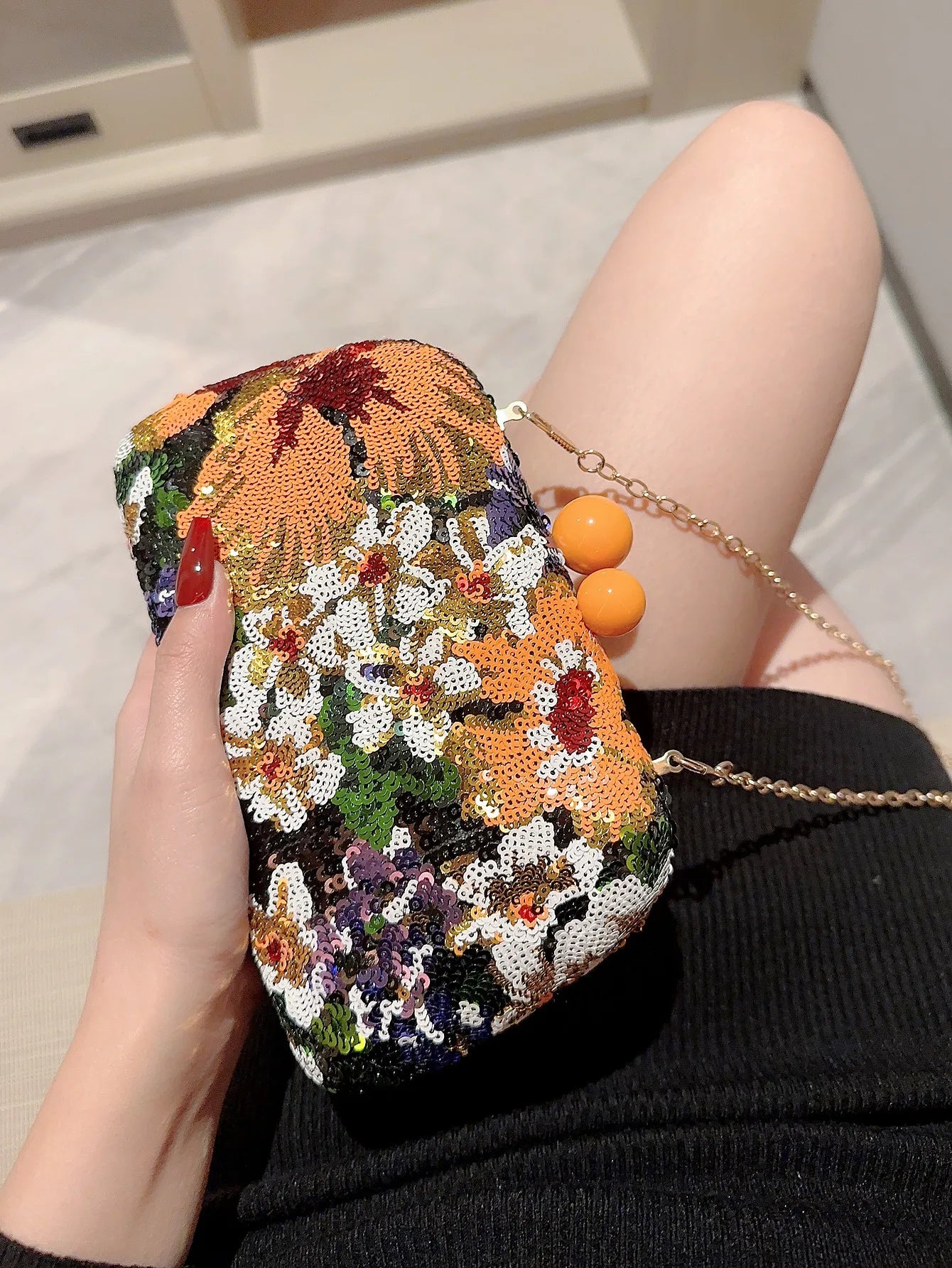 Bolso de mano con lentejuelas y clip para mujer, bandolera con bordado de flores, estilo vintage, para fiestas de noche