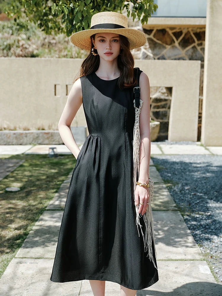 FSLE Women Sleeveless Long Dress Black Knee-Length A-LINE Dress 2024 Summer Elegant Office Lady Dress 24FS12894+24FS12910