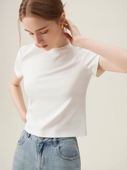 FSLE White Slim All-match Short-sleeve T-shirt for Women Spring Summer Basic Round Neck Bottoming Top Female 24FS11210+24FS11209