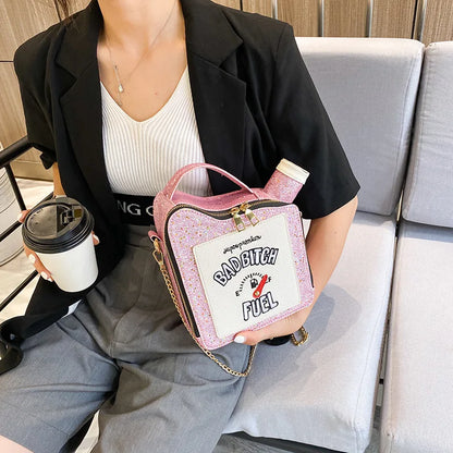 Fashion Personality Laser Sequin Embroidery Letter Oil Pot Bag Creativity Funny Chain Shoulder Bag Women Cute Messenger Bag