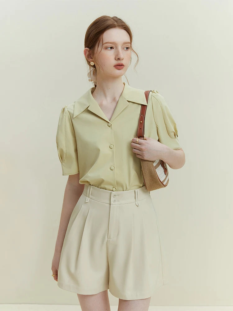 FSLE Office Lady Turn-Down Collar Women Short Sleeve Shirts Simple White Temperament Commuter Blouses Women Summer Tops