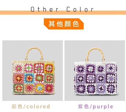 Bolso de mano de paja con forma de granny square bohemio con asa de bambú, bolsos de mujer informales hechos a mano, bolsos de playa de verano, carteras de gran capacidad