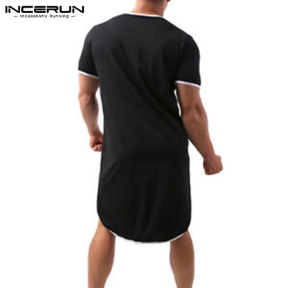 Fashion Men's Loose Sleepwear Casual Solid Nightgown INCERUN Patchwork Sleep Robes Short Sleeve V-Neck Homewear Robes S-5XL 2024