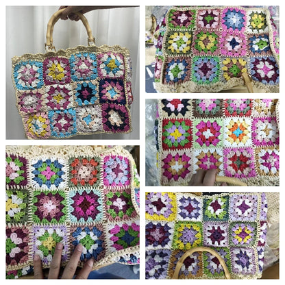 Bolso de mano de paja con forma de granny square bohemio con asa de bambú, bolsos de mujer informales hechos a mano, bolsos de playa de verano, carteras de gran capacidad