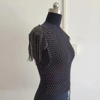 Camisetas transparentes de malla con diamantes para mujer, camisetas sexis de verano con agujeros para playa, para fiestas, clubes y raves, venta al por mayor