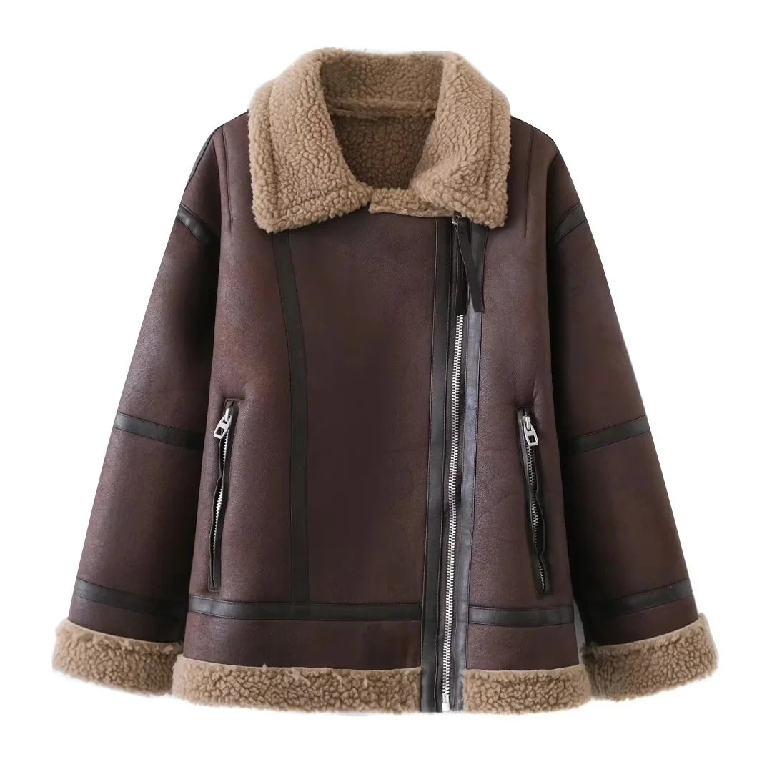 Veste d'hiver chaude en cuir PU pour femme, manteau à manches longues et fermeture éclair, style vintage, à la mode, 2023