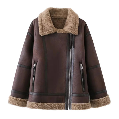 Veste d'hiver chaude en cuir PU pour femme, manteau à manches longues et fermeture éclair, style vintage, à la mode, 2023