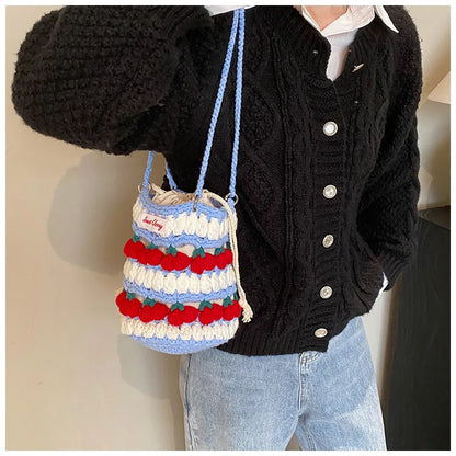 Handmade Woven Cherry Woolen Bag Fresh Fruit Woven Bag Crochet Knitted Bag Leisure String Shoulder Crossbody Bag 2024 New