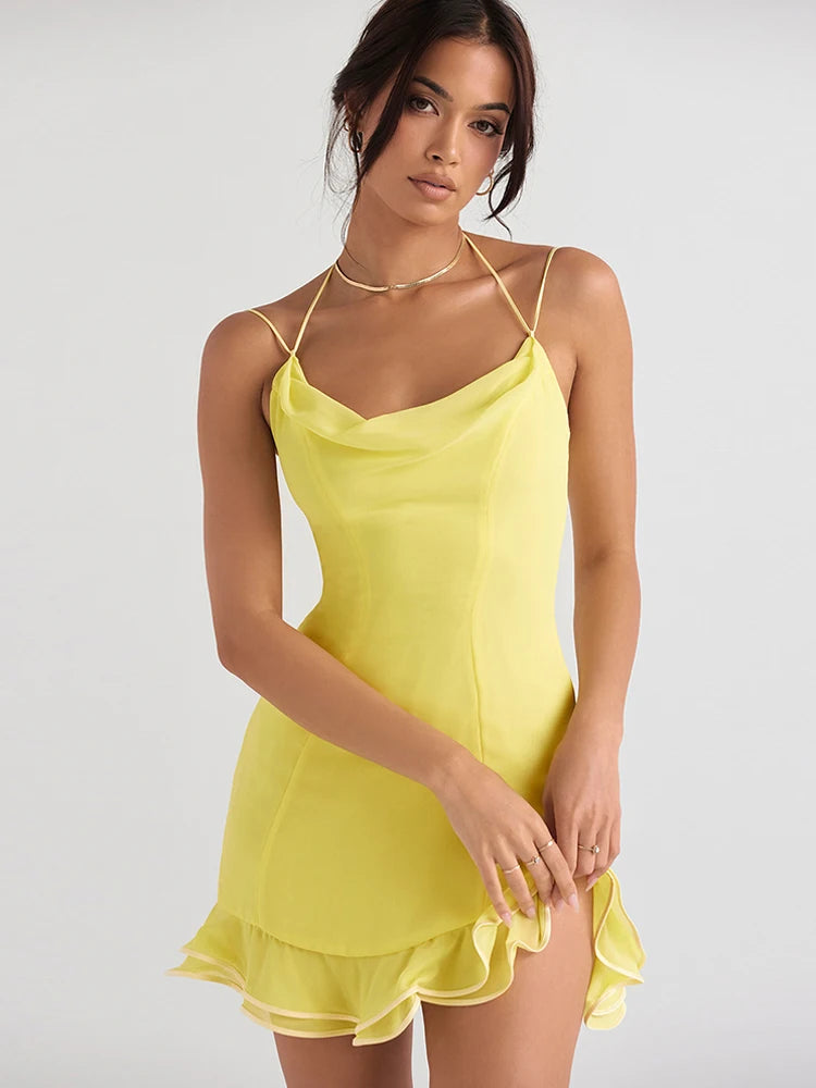 suninheart Light Beach Robe Sleeveless Mini Dress Chic Ruffles Chiffon Summer Sexy Party Yellow Dress For Women